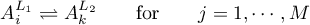\begin{equation*}
A_{i}^{L_{1}} \rightleftharpoons A_{k}^{L_{2}}
\qquad \text{for} \qquad
j = 1,\cdots,M
\end{equation*}
